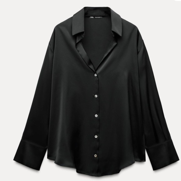 Zara Tops - Zara Black Satin Button-Down Shirt